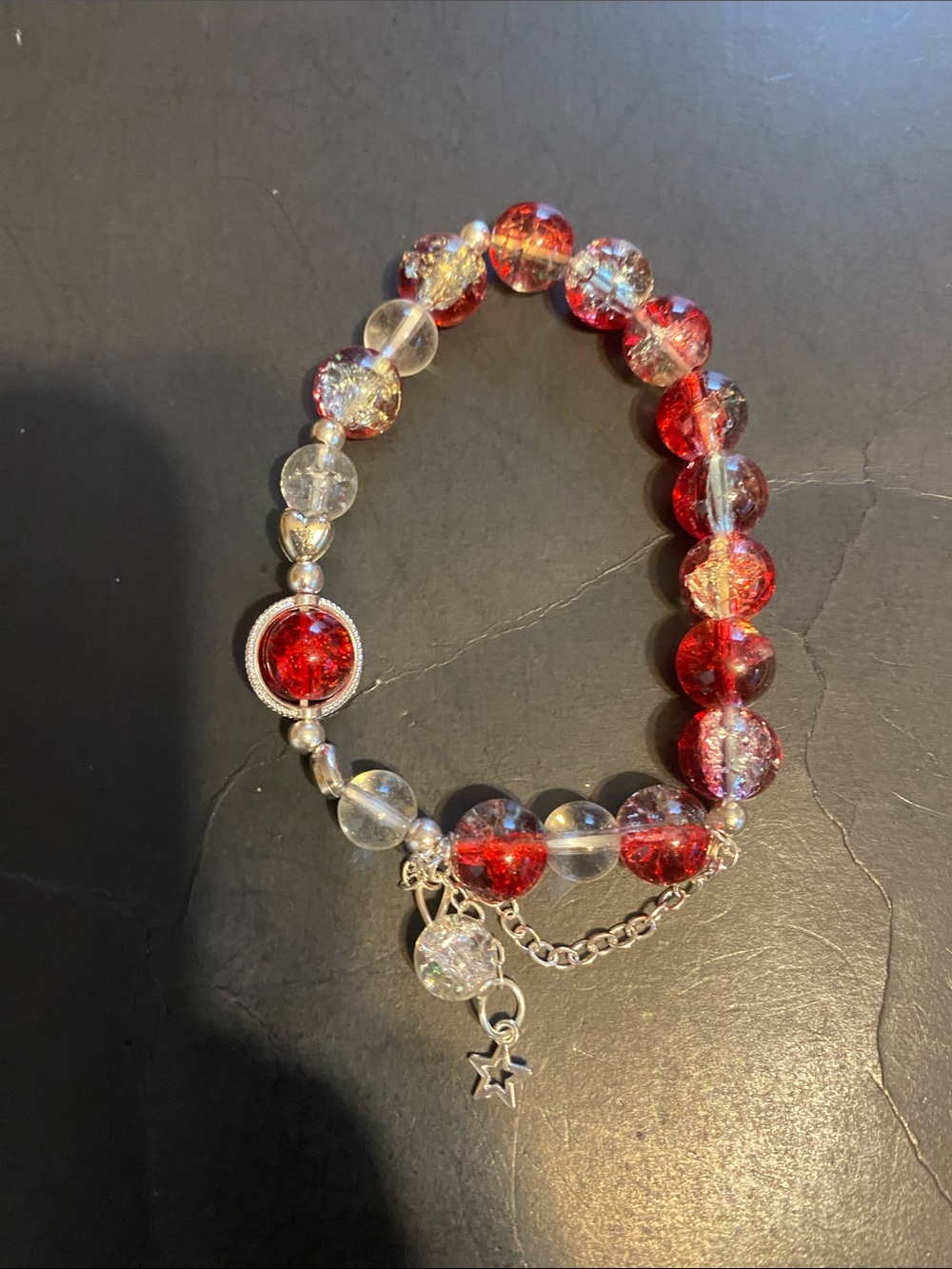 Red and Clear Glass Bead Charm with Star Bracelet - Women's Jewelry